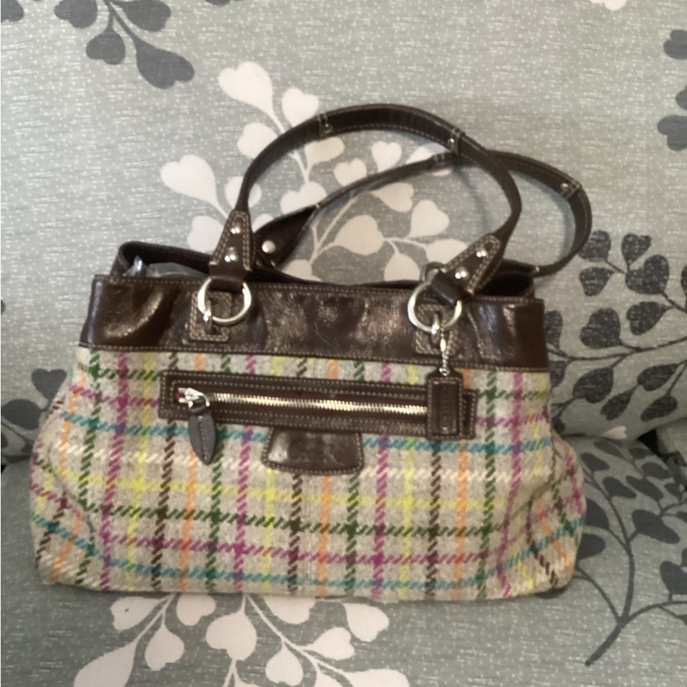 Coach F15456 Plaid Wool Leather Trim Satchel Brown Multicolor Fall Bag
